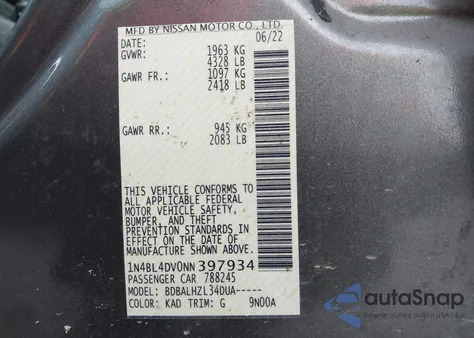 2022 Nissan Altima Sv Fwd from USA, damaged, VIN 1N4BL4DV0NN397934